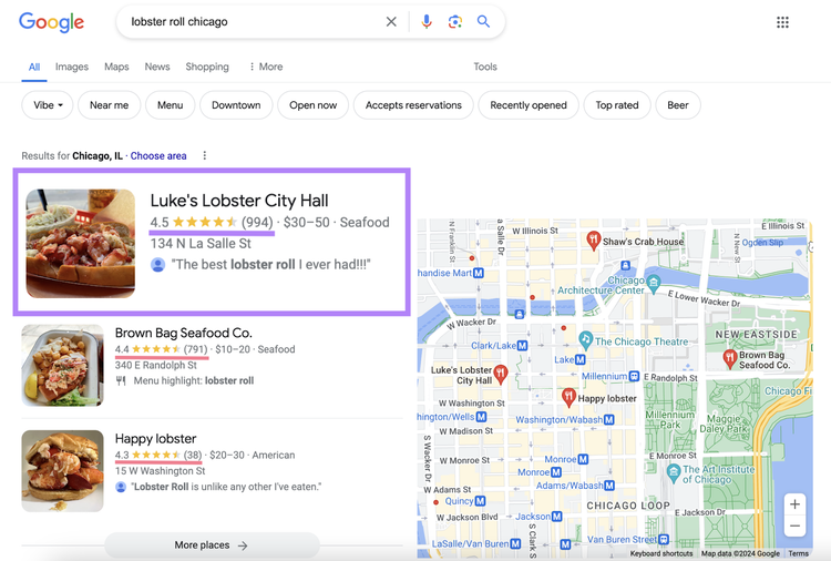 la búsqueda de lobster roll chicago tiene los mejores resultados del pack local destacados con la mayoría de las valoraciones y la puntuación más alta