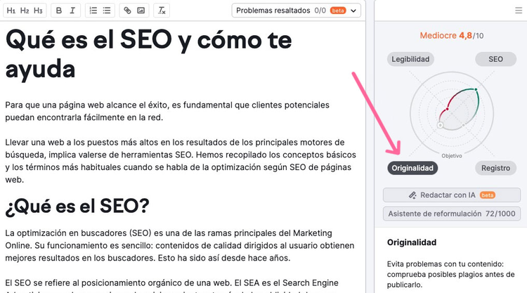 Editor SEO de Semrush mostrando puntuación de originalidad de contenido