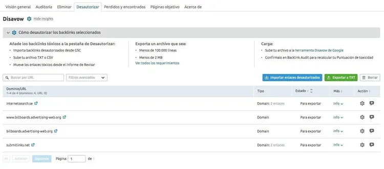 Pestaña Desautorizar backlinks para usar herramienta Disavow Google