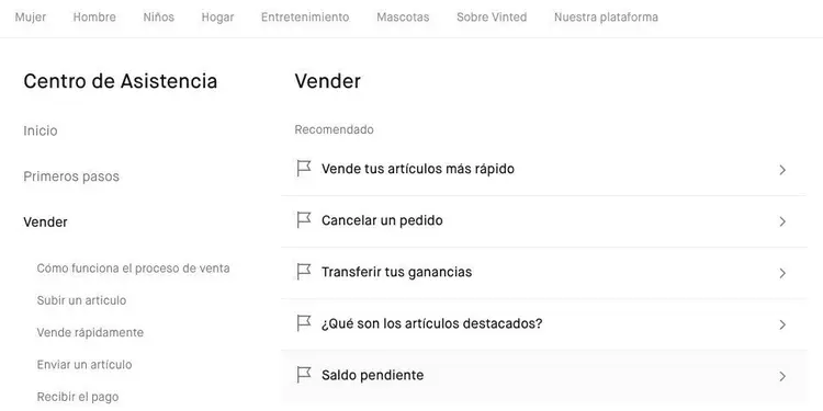 Sección ayuda Vinted sobre vender artículos plataforma