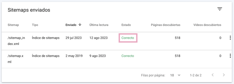 Si el envío finaliza correctamente, deberá aparecer el estado "Correcto"