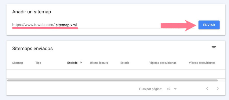 Google Search Console con campo Añadir sitemap y tabla enviados