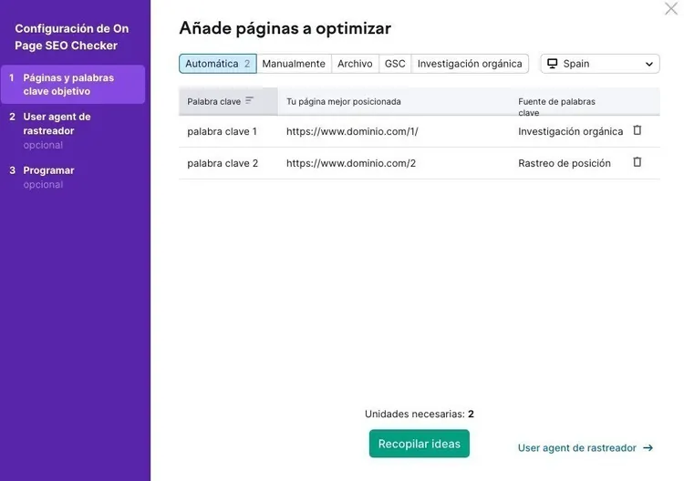 Cuadro configuración On Page SEO Checker con palabras clave a optimizar