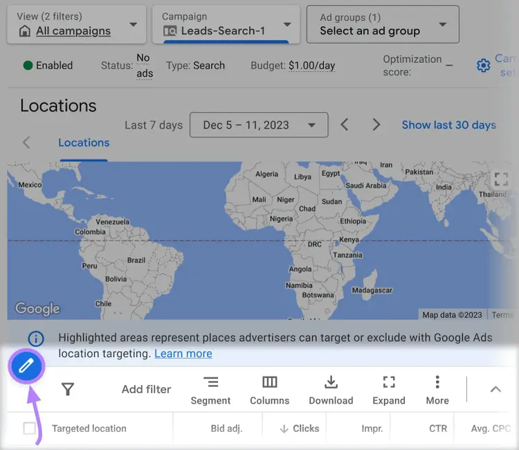 Icono del lápiz resaltado bajo Ubicaciones
