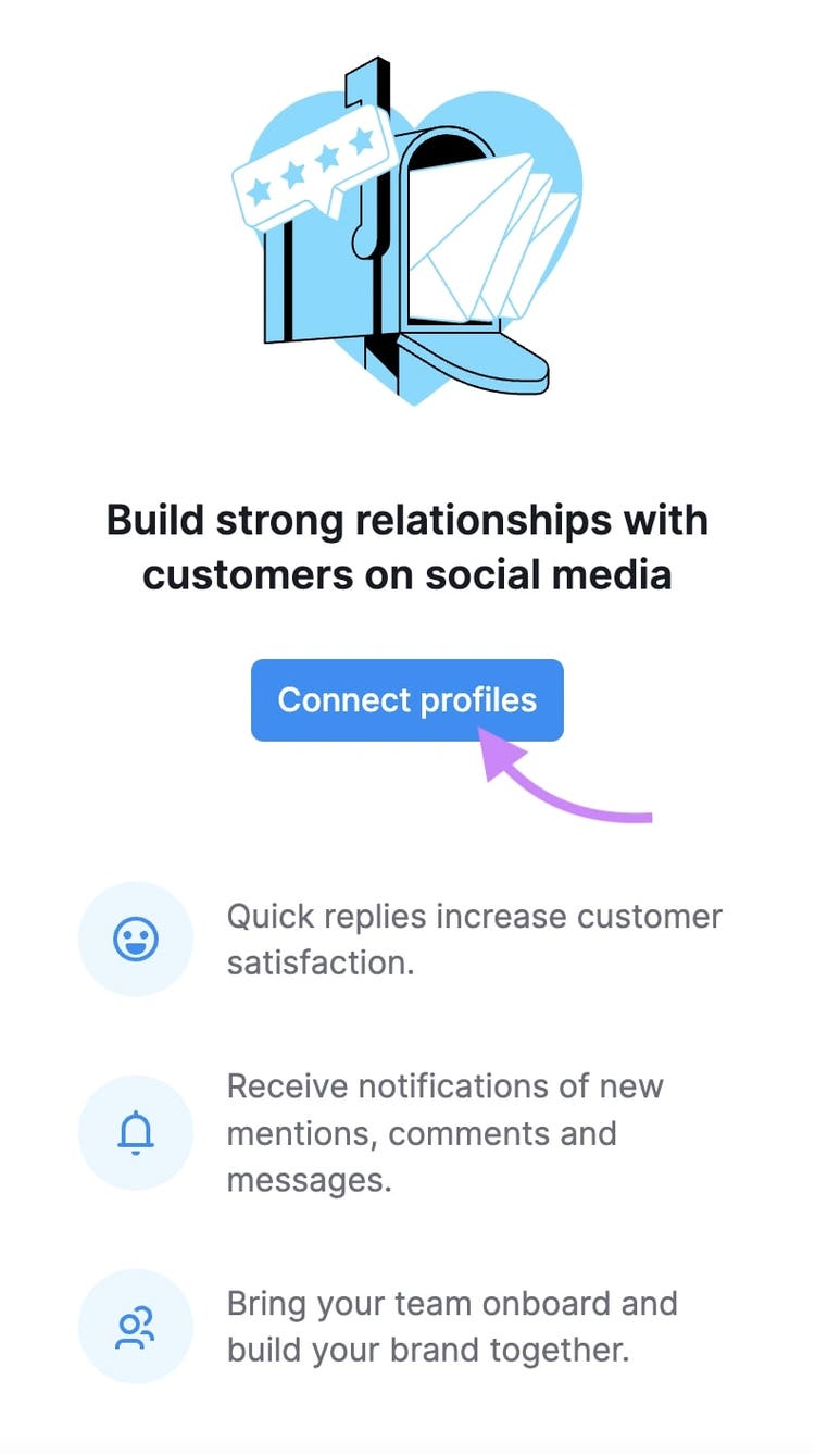 Página principal de la 'Bandeja de entrada social' de Semrush con el botón 'Conectar perfiles' pulsado.