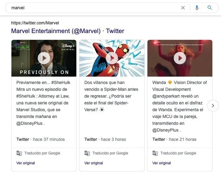Tweets Marvel Entertainment en resultados búsqueda