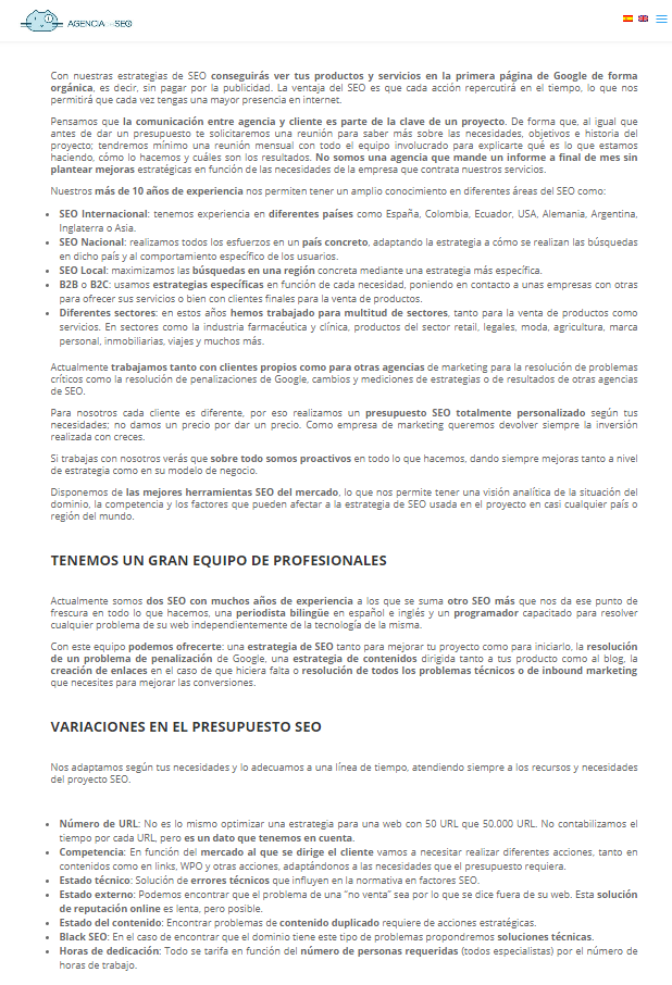 Presupuesto SEO - Ejemplo de agencia SEO