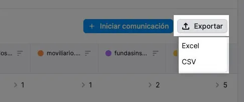 Menú exportación con opciones para descargar en Excel o CSV datos de backlinks