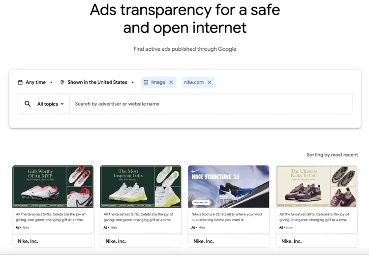 Página principal del Centro de Transparencia de Anuncios de Google