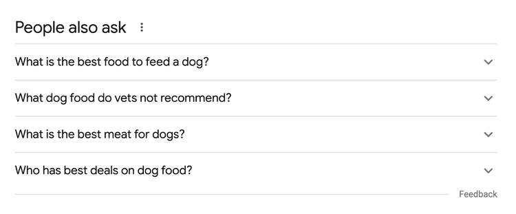 la gente también pregunta características de serp muestra búsquedas como mejor comida para alimentar a un perro, qué comida para perros no recomiendan los veterinarios, etc.