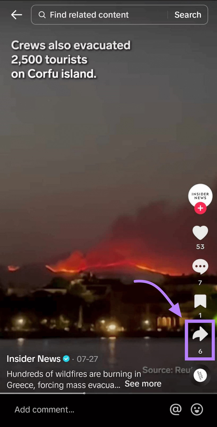 un ejemplo de un vídeo de TikTok de Insider News que muestra el número de compartidos que ha recibido un vídeo