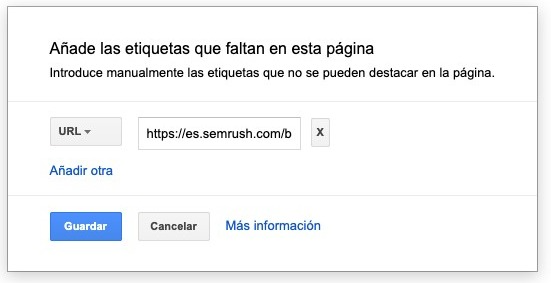 Diálogo Asistente Google etiquetas faltantes con campo URL botón Guardar