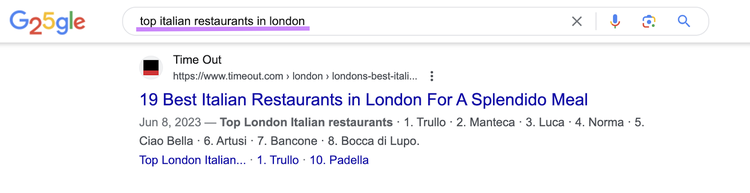 El artículo de Time Out es el primer resultado de Google para "los mejores restaurantes italianos de Londres".
