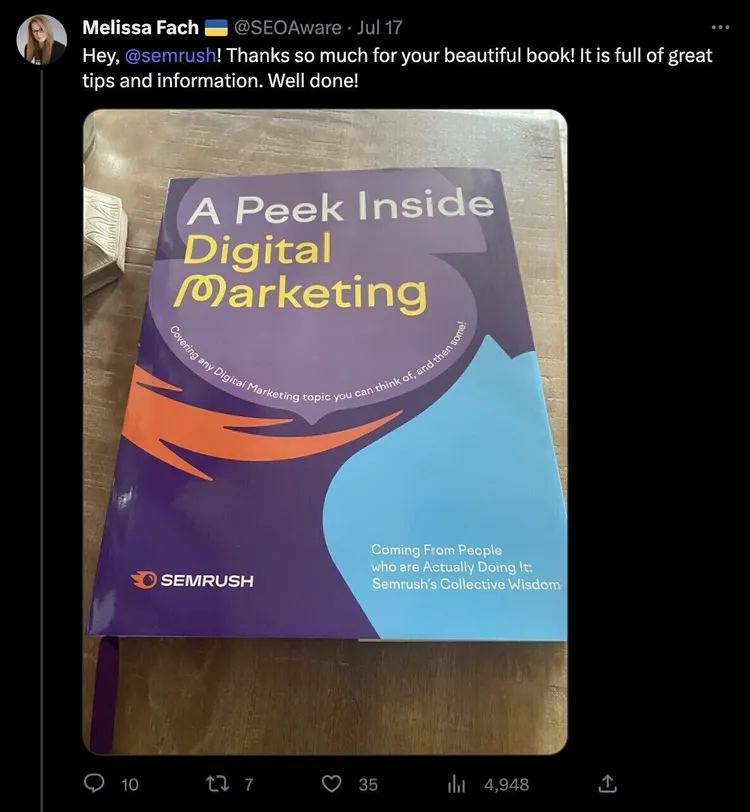 Un mensaje de la usuaria "Mellisa Fach" agradeciendo a Semrush el libro que ganó