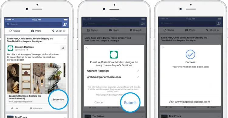 Three smartphone screens displaying lead generation forms and confirmation messages