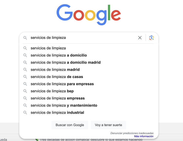 Sugerencias de Google Autocompletar para "servicios de limpieza"