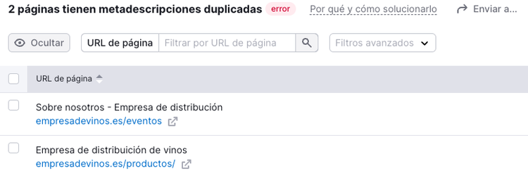 una lista completa de las páginas con meta descripciones duplicadas