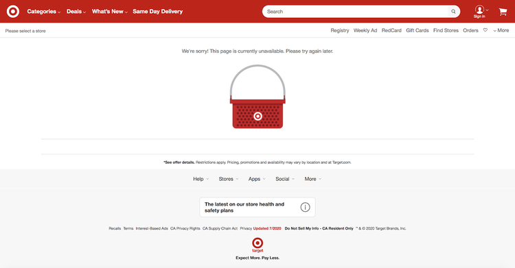 Target website error page displaying shopping bag with unavailable message