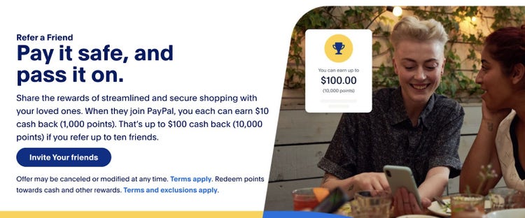 Página de inicio de PayPal "Recomienda a un amigo"