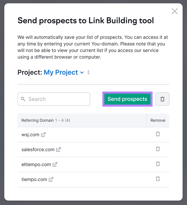 El botón "Enviar prospectos" se resalta en la herramienta Backlink Gap de Semrush.