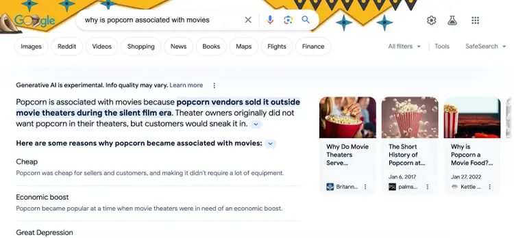 Respuesta de la IA generativa de Google a la consulta "por qué las palomitas se asocian a las películas"