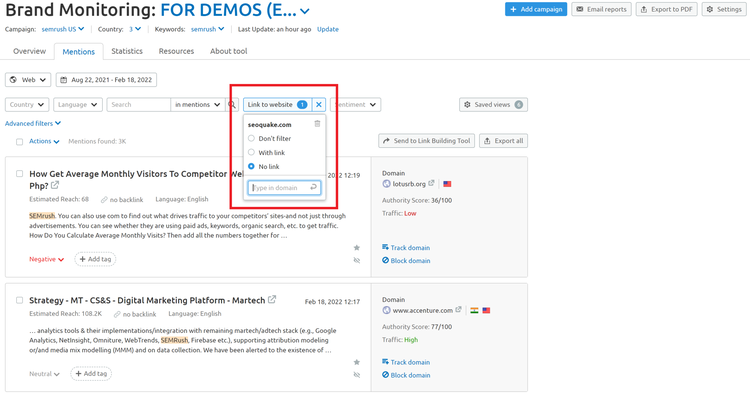 Brand Monitoring de Semrush mostrando menciones con filtros