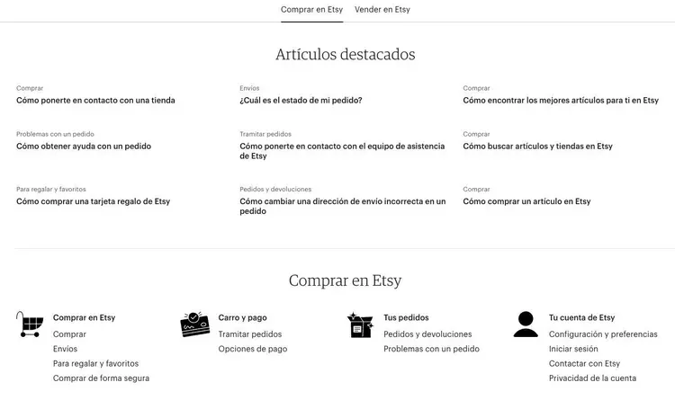 Centro ayuda Etsy con artículos destacados sobre compras