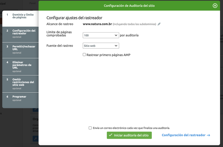 Diálogo de configuración para auditoría del sitio en Semrush