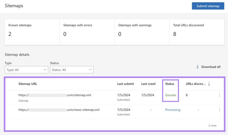 "Detalles del mapa del sitio" en Bing Webmaster Tools con "Éxito" resaltado en la columna "Estado"