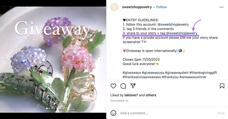 Post Instagram giveaway sweetshopjewelry con joyería y directrices