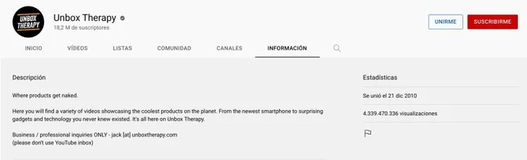 Página canal YouTube Unbox Therapy con descripción y estadísticas