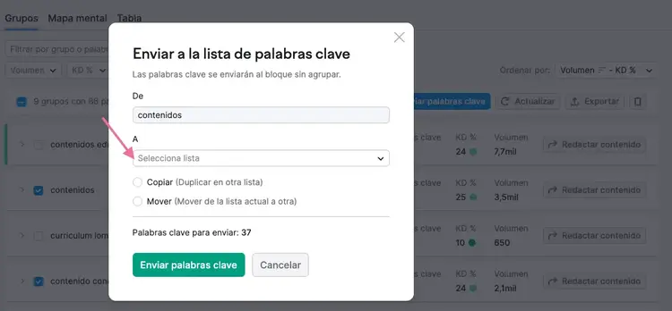 Semrush diálogo enviar palabras clave lista opciones copiar