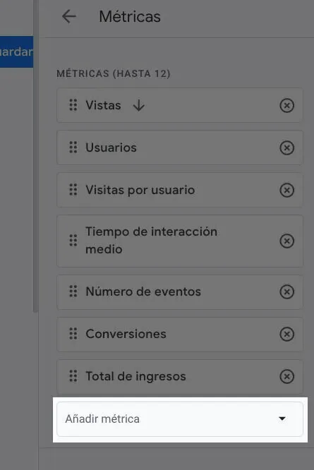 Lista métricas GA4 mostrando Vistas, Usuarios y botón Añadir métrica