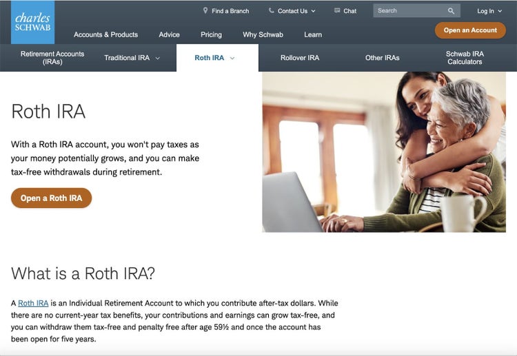 Página de aterrizaje de Charles Schwab dirigida a la palabra clave "Roth IRA"