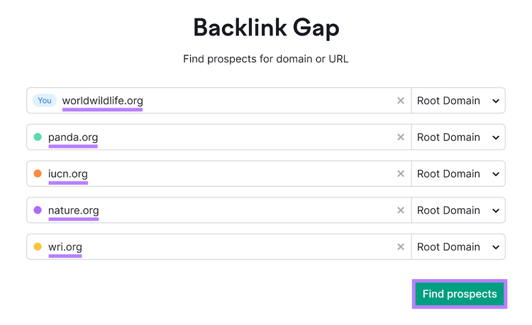 La herramienta Semrush Backlink Gap se inicia con los dominios introducidos y el botón "Buscar prospectos" resaltado.