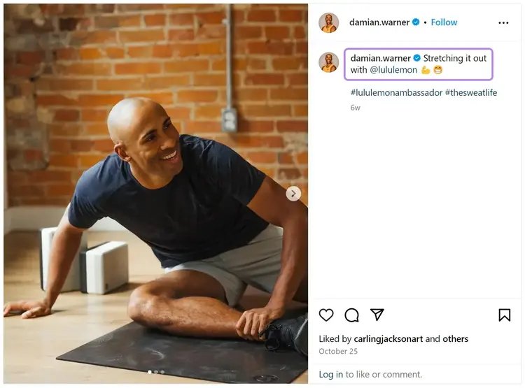 Publicación de Instagram de Damian Warner promocionando Lululemon