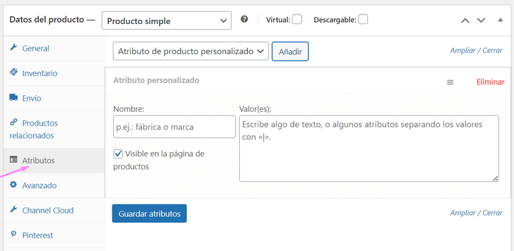 Atributos de productos en Wordpress eCommerce