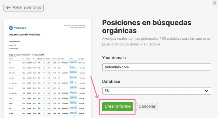 Crea un informe de posiciones orgánicas.