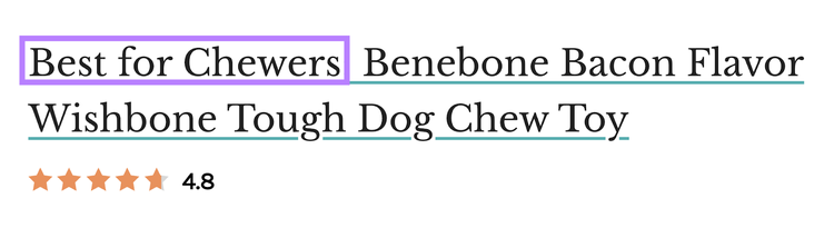 "Mejor para masticar" Benebone Bacon Flavor Wishbone Juguete duro para perros" título con "Mejor para masticar" resaltado