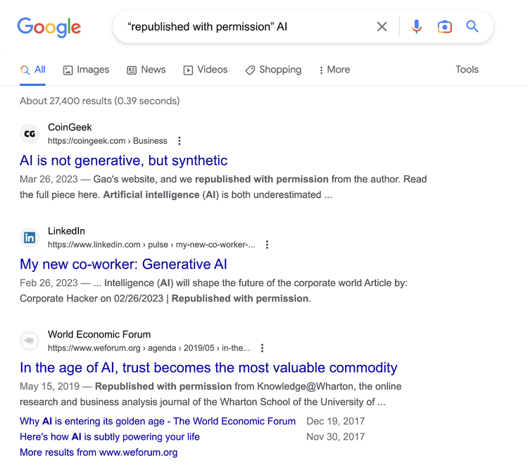 "republicado con permiso" Búsqueda de IA en Google