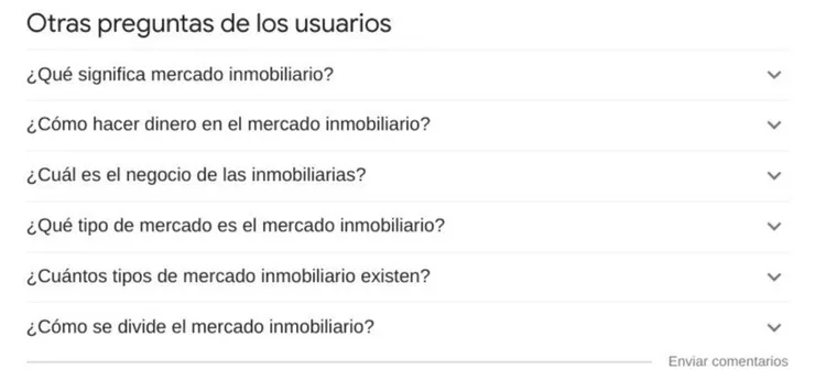 Google 'Otras preguntas' mercado inmobiliario con 6 preguntas