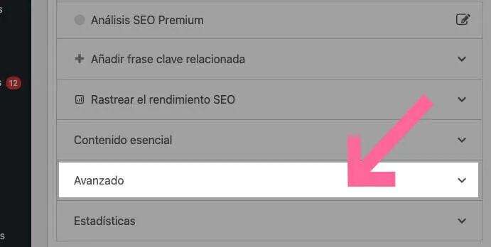 Configuración Yoast SEO con sección Avanzado desplegada