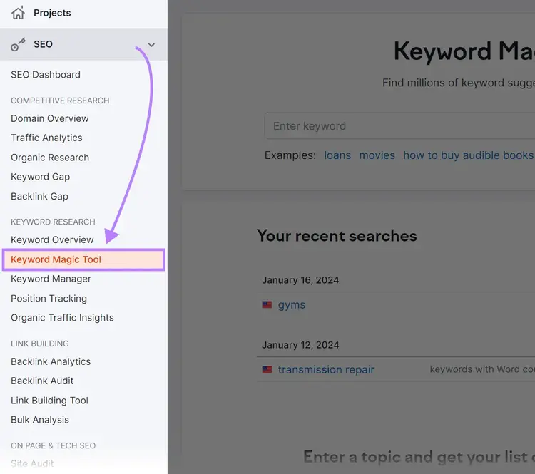 Navegando a "Keyword Magic Tool" en la barra lateral de Semrush