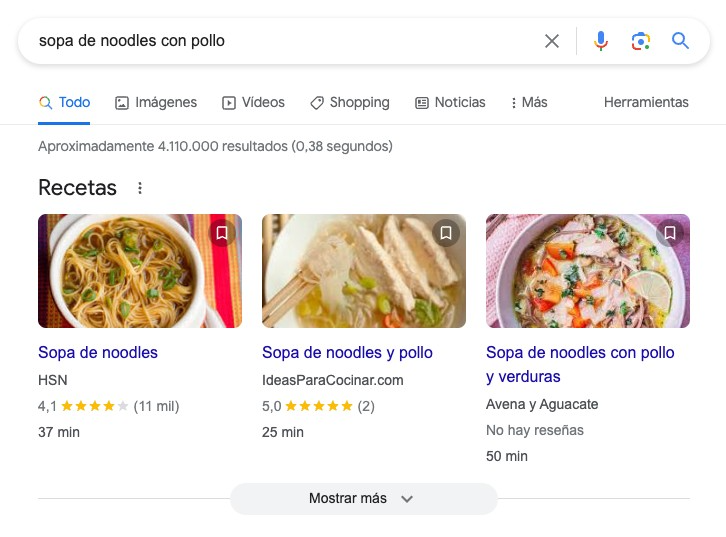 Google búsqueda de recetas sopa de noodles con pollo