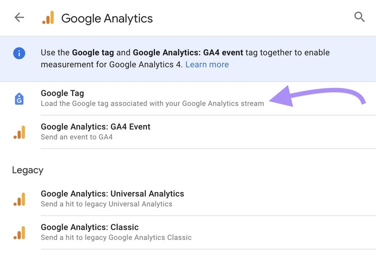 Opción "Google Tag" seleccionada