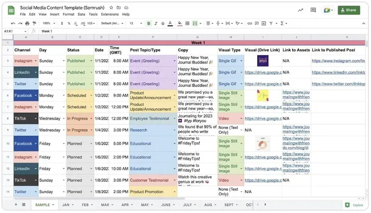 plantilla de calendario de contenido social de Semrush