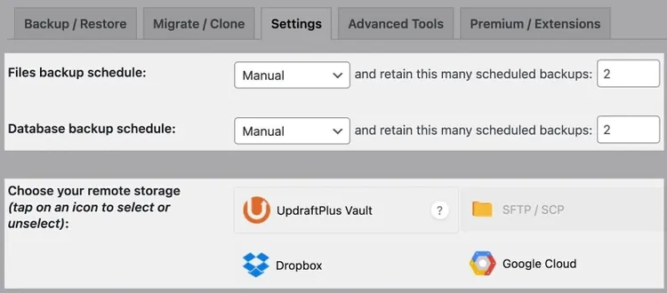 configuración updraft plus