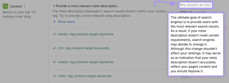 Un ejemplo de la ventana emergente "¿Por qué debería hacer esto?" del Comprobador SEO On-Page