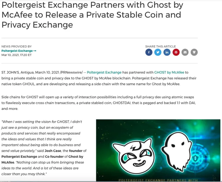 Poltergeist Exchange se asocia con Ghost by McAfee