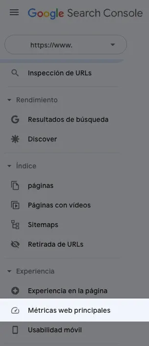 Menú completo Google Search Console con opciones Experiencia y Métricas web